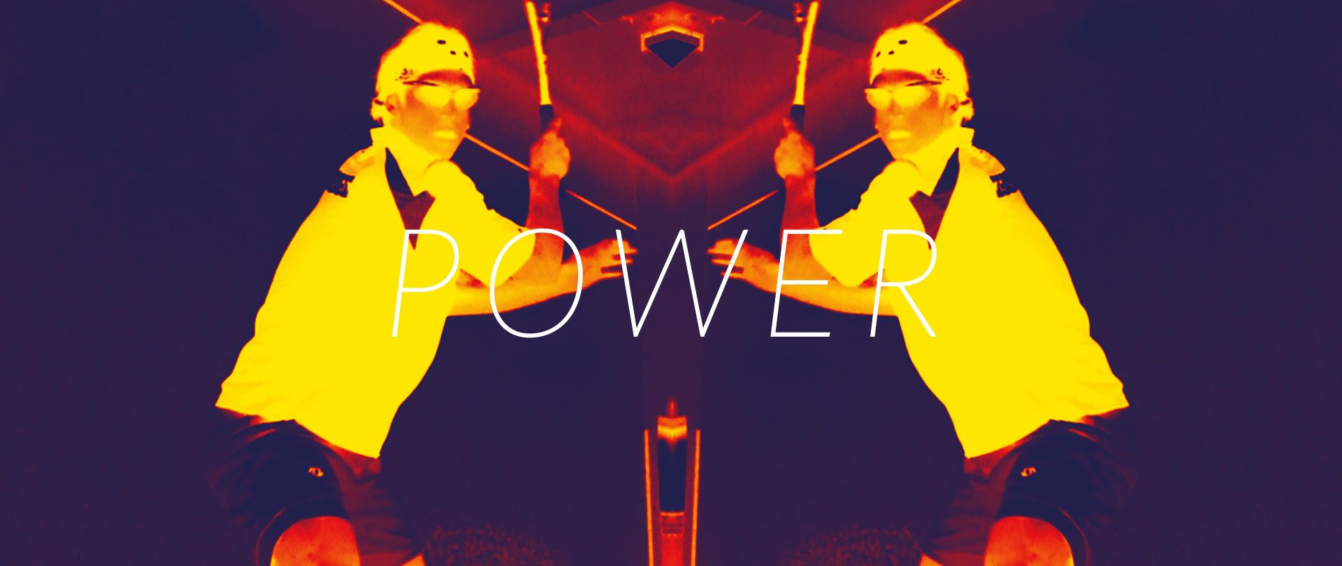 Mirrored squash pro in yellow and red thermal imaging effect with POWER text overlay on purple background